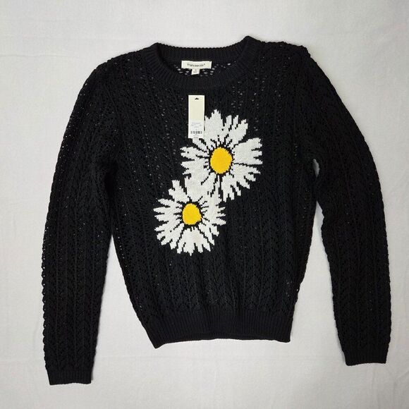 Francesca's Black Daisy Knit Sweater Size S Crew Neck Boutique Open Knit NEW - Picture 2 of 7
